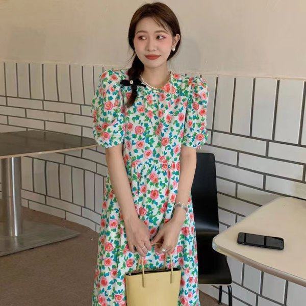 High Waist Slimming Puff Sleeve Dress – Elegance Meets Comfort